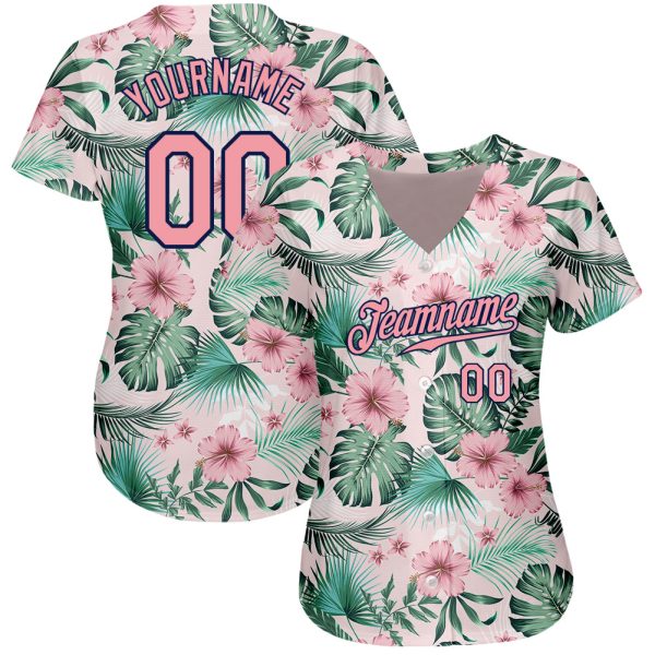 Custom White Medium Pink-Navy 3D Pattern Design Hawaii Palm Leaves And Flowers Authentic Baseball Jersey - Image 2