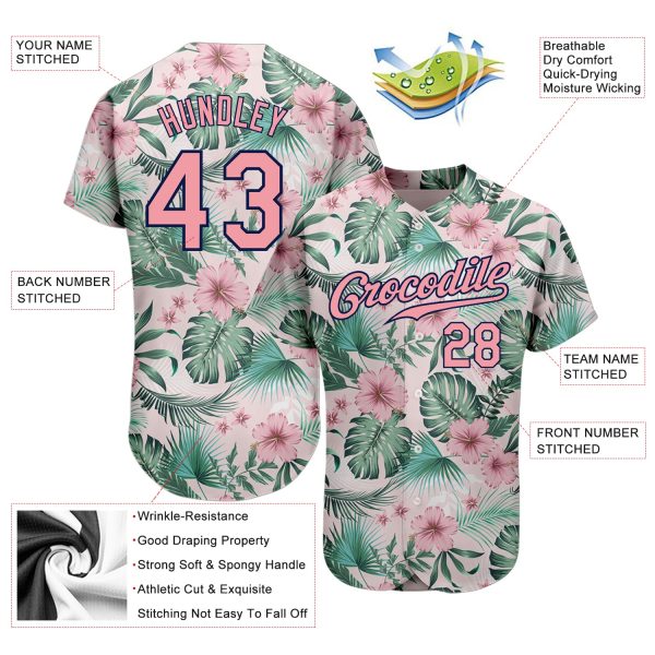 Custom White Medium Pink-Navy 3D Pattern Design Hawaii Palm Leaves And Flowers Authentic Baseball Jersey - Image 3