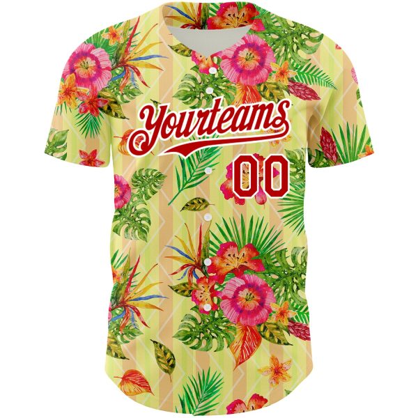 Custom Neon Yellow Red-White 3D Pattern Design Tropical Flower And Hawaii Palm Leaves Authentic Baseball Jersey - Image 2