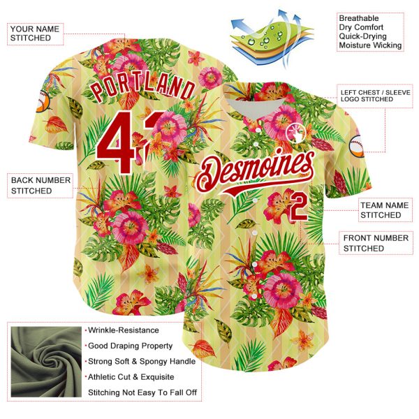 Custom Neon Yellow Red-White 3D Pattern Design Tropical Flower And Hawaii Palm Leaves Authentic Baseball Jersey - Image 3