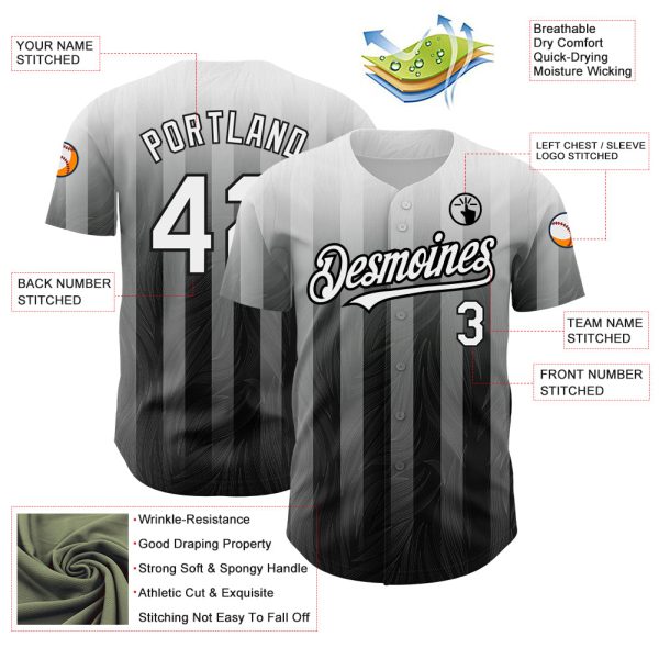 Custom Gray White-Black 3D Pattern Design Stripes Authentic Baseball Jersey - Image 3