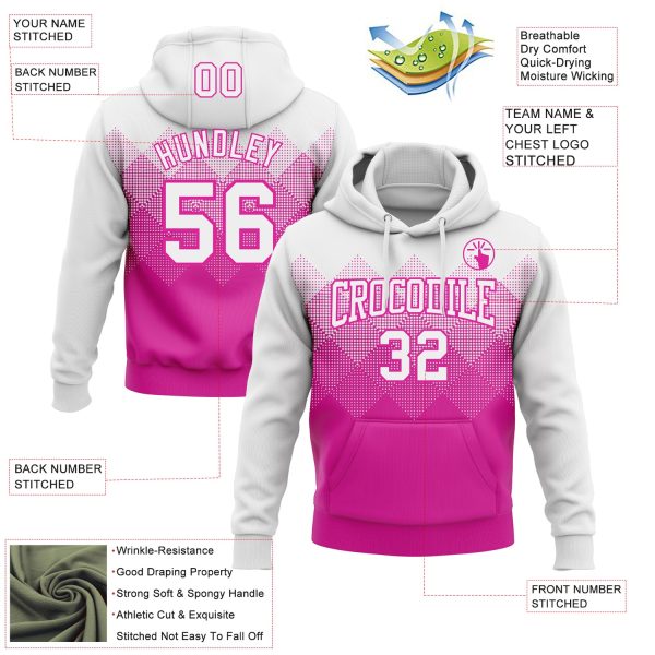 Custom Stitched White Deep Pink 3D Pattern Design Gradient Square Shape Sports Pullover Sweatshirt Hoodie - Image 2