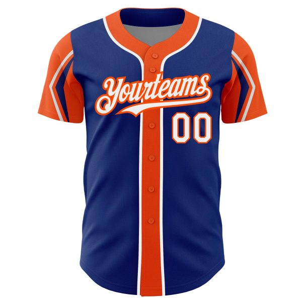 Custom Royal White-Orange 3 Colors Arm Shapes Authentic Baseball Jersey - Image 3