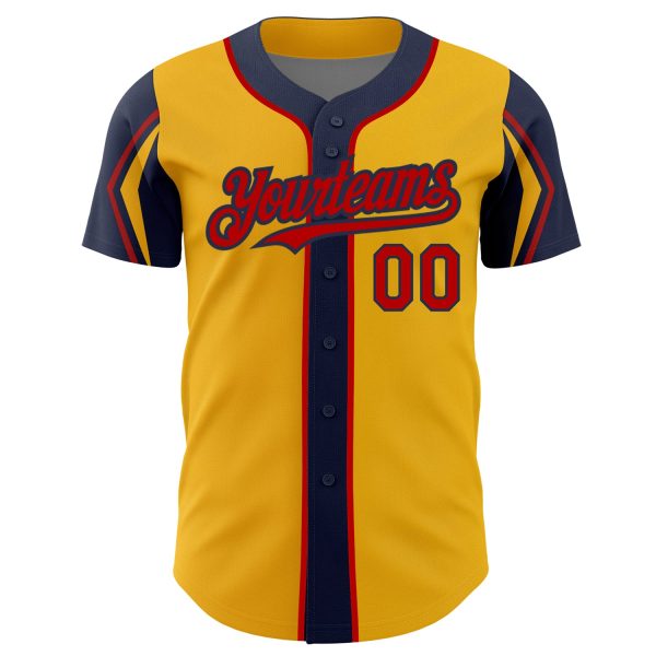 Custom Gold Red-Navy 3 Colors Arm Shapes Authentic Baseball Jersey - Image 3