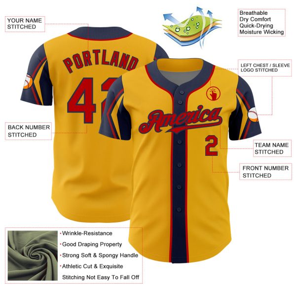 Custom Gold Red-Navy 3 Colors Arm Shapes Authentic Baseball Jersey - Image 4
