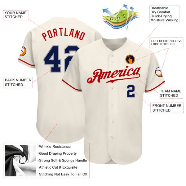 Custom Cream Navy-Red Authentic Baseball Jersey - Image 3