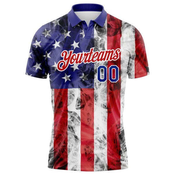 Custom White Royal-Red 3D American Flag Performance Golf Polo Shirt - Image 2