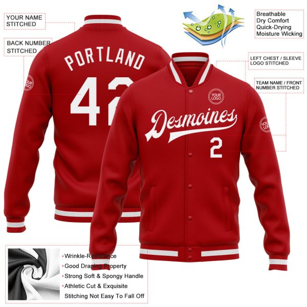 Custom Red White Bomber Full-Snap Varsity Letterman Jacket - Image 3