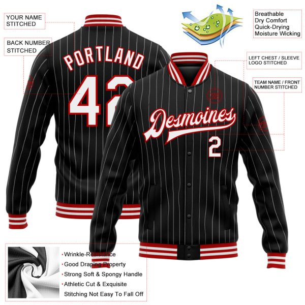 Custom Black White Pinstripe Red Bomber Full-Snap Varsity Letterman Jacket - Image 3