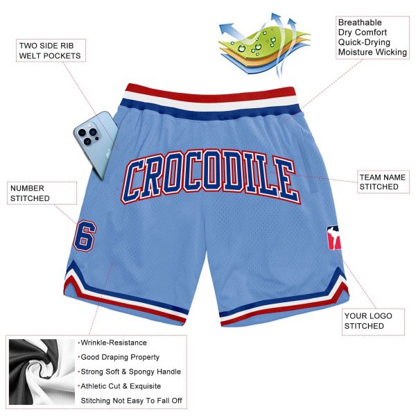 Custom Light Blue Royal-Red Authentic Throwback Basketball Shorts - Image 2