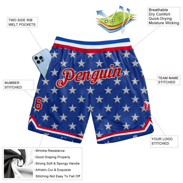 Custom Royal Red-White 3D Pattern Design American Flag Authentic Basketball Shorts - Image 2