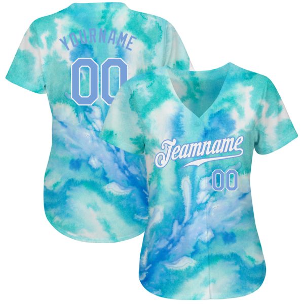 Custom Tie Dye Light Blue-White 3D Authentic Baseball Jersey - Image 2