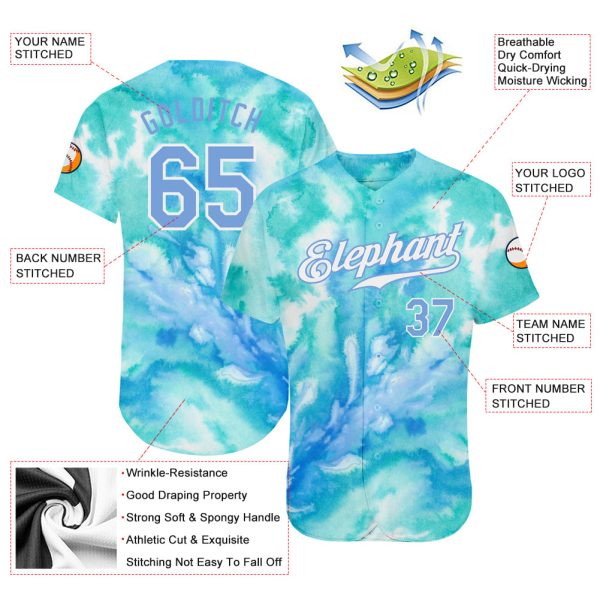 Custom Tie Dye Light Blue-White 3D Authentic Baseball Jersey - Image 3