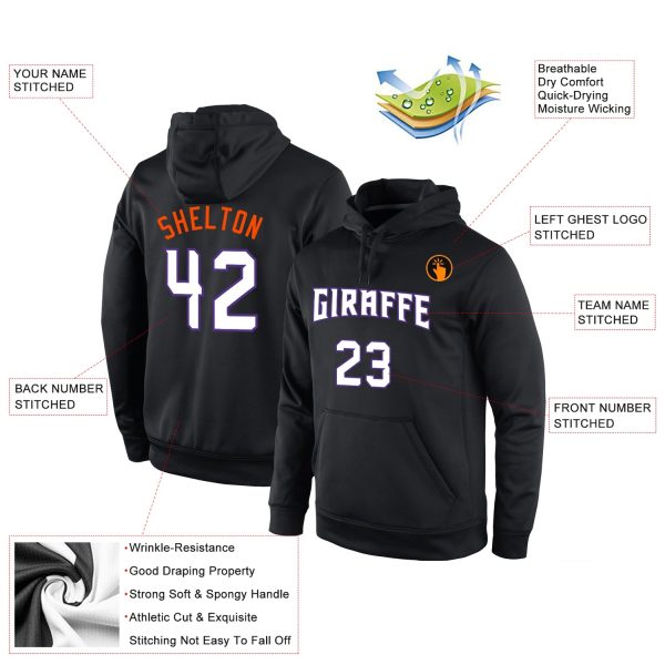 Custom Stitched Black White-Orange Sports Pullover Sweatshirt Hoodie - Image 2