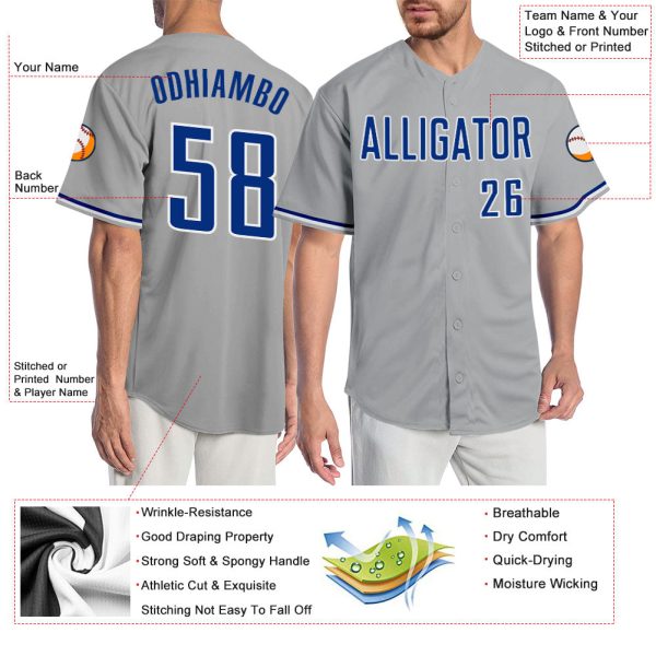 Custom Gray Royal-White Authentic Baseball Jersey - Image 3